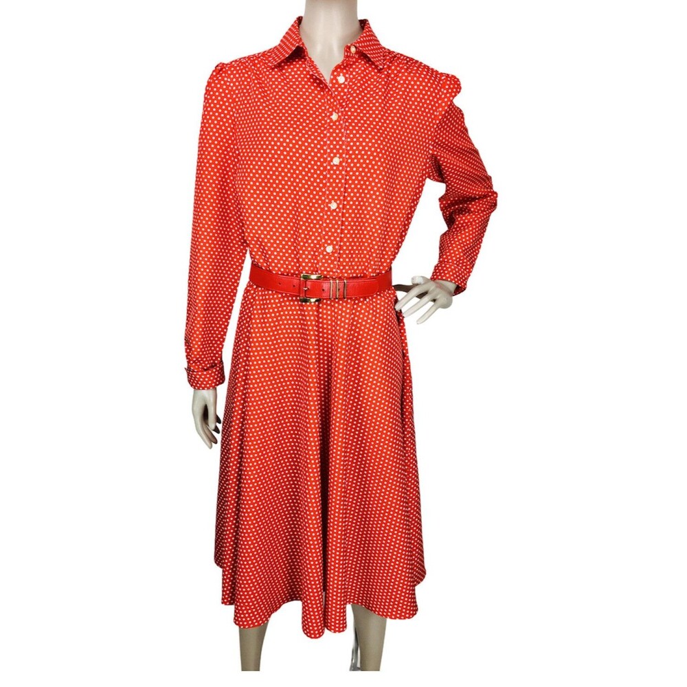 Vintage 70s Schrader Red Polka-Dot Midi Sheath High Shoulder Shirt Dress S/M/L